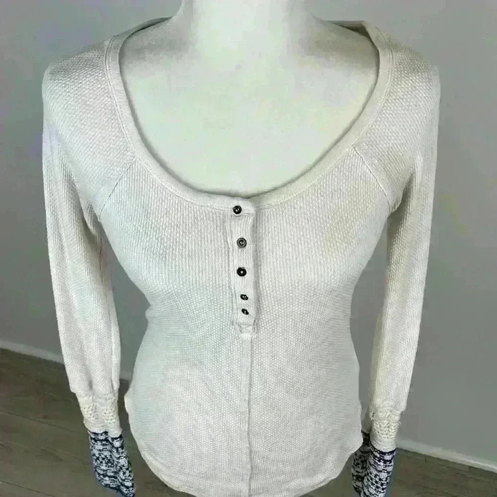 Free People White & Blue Button Top Size S